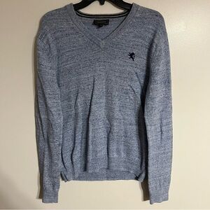 Mens Express Embroidered Logo V-Neck Cotton Sweater Size Medium Blue Gray